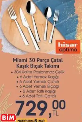HİSAR OPTİMA MİAMİ 30 PARÇA ÇATAL KAŞIK BIÇAK TAKIMI